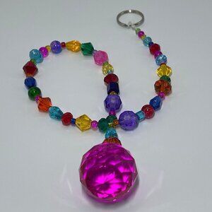 Beaded Suncatcher Bright Multicolored Pink Crystal Prism Hanging Patio Decor